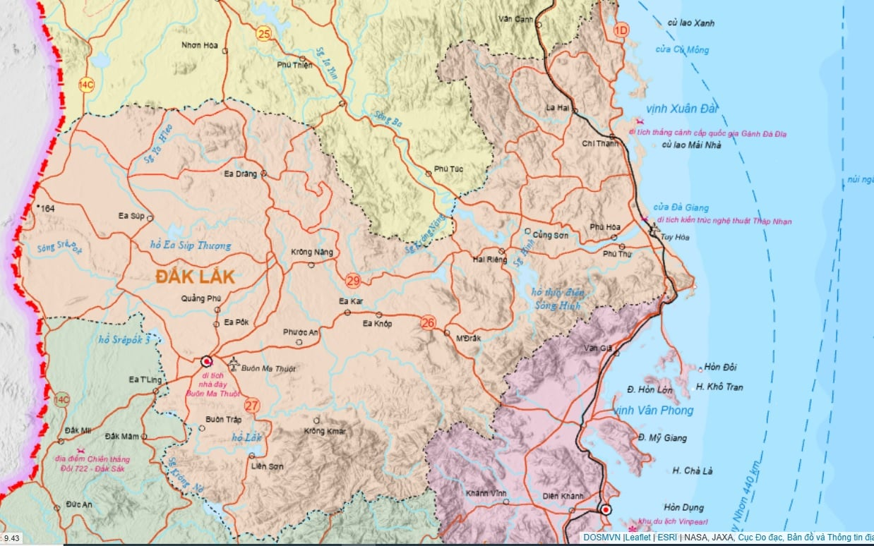 Bản đồ hành chính tỉnh Đắk Lắk sau sáp nhập tỉnh 