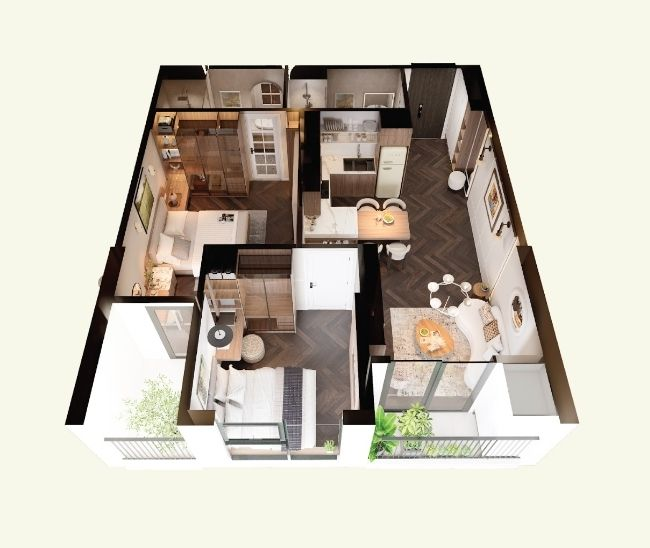 Căn hộ 2 phòng ngủ sở hữu những điểm nhấn riêng trong kiến trúc, với diện tích nhỏ gọn, giá thành vừa phải.